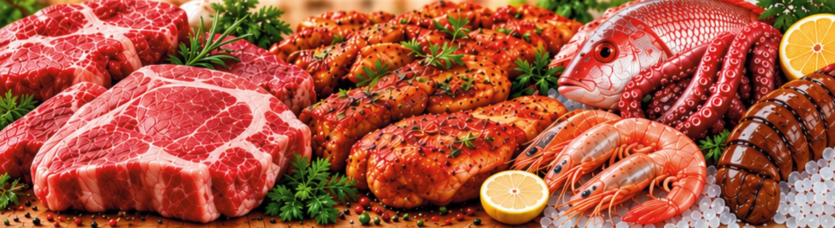 Carne fresca, pollo sazonado, pescado, camarones, pulpo y langosta